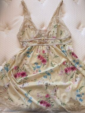 La Vie En Rose Cream Floral Lace-Trim Chemise with Pink & Blue Flowers